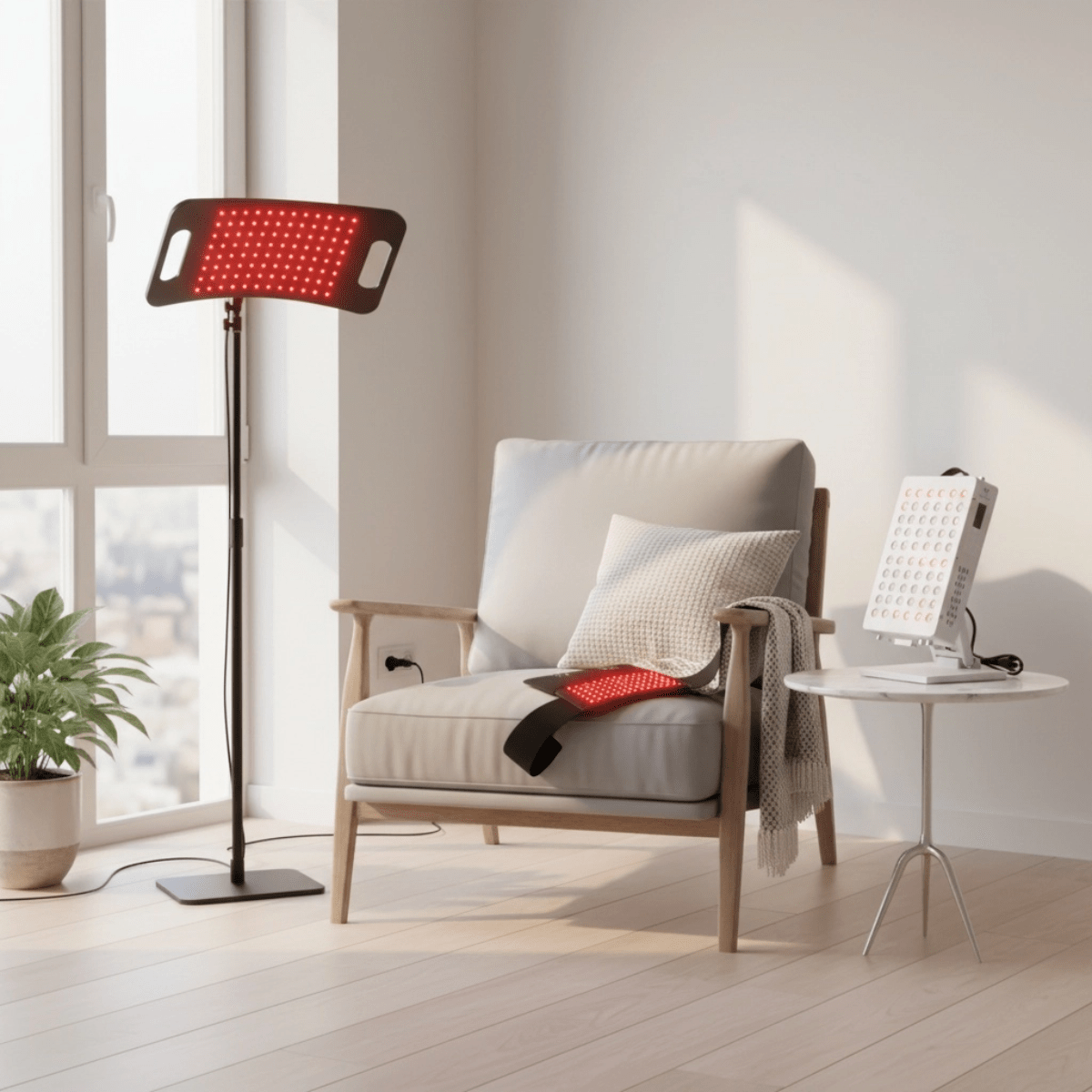 PRO Bundle Set - Advanced Athlete Recovery Kit arranged in a cozy room with red light therapy lamps ready for use in home recovery sessions.