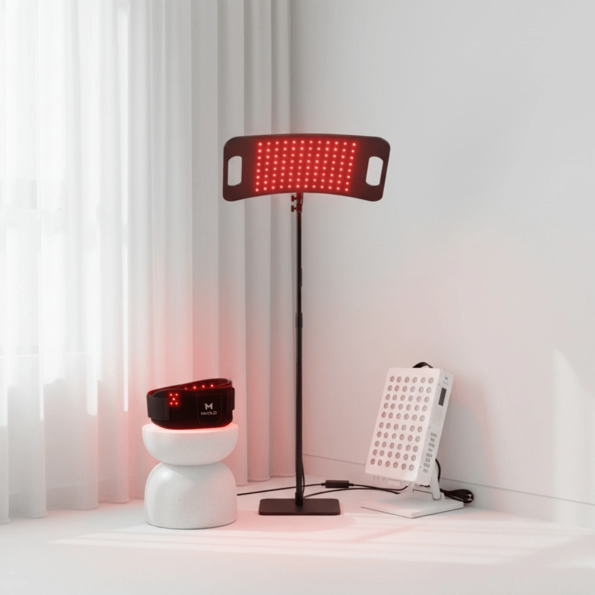Red light therapy setup from the PRO Bundle Set - Advanced Athlete Recovery Kit displayed in a modern room for home health and recovery use.