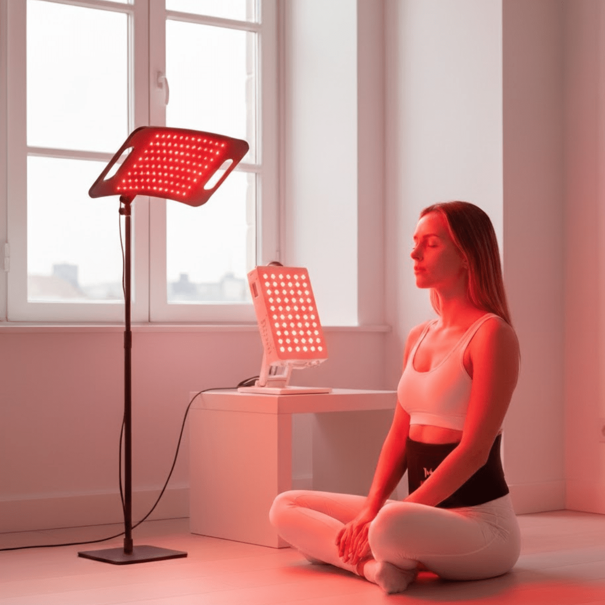 Woman meditating while using PRO Bundle Set - Advanced Athlete Recovery Kit with red light therapy lamps for enhanced recovery and wellness.