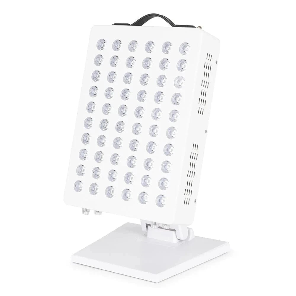 Angled view of Elite Series 306 red light therapy panel on a sturdy base, ideal for home health and beauty light therapy applications.