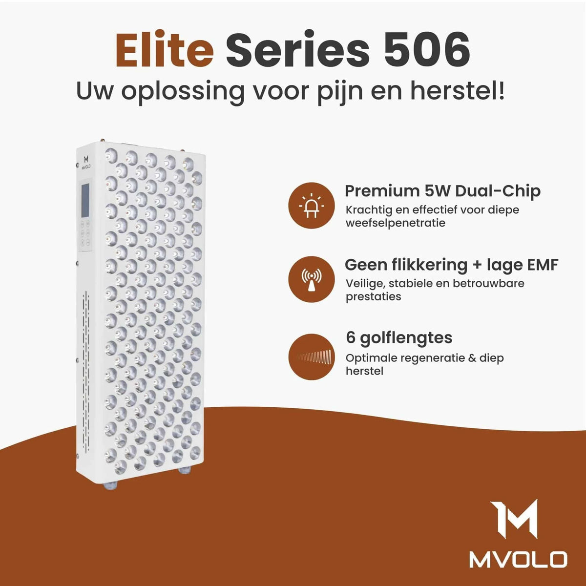 Red Light Elite Series 506 features infographic in Dutch highlighting dual-chip LEDs, low EMF, and six wavelengths for optimal recovery.
