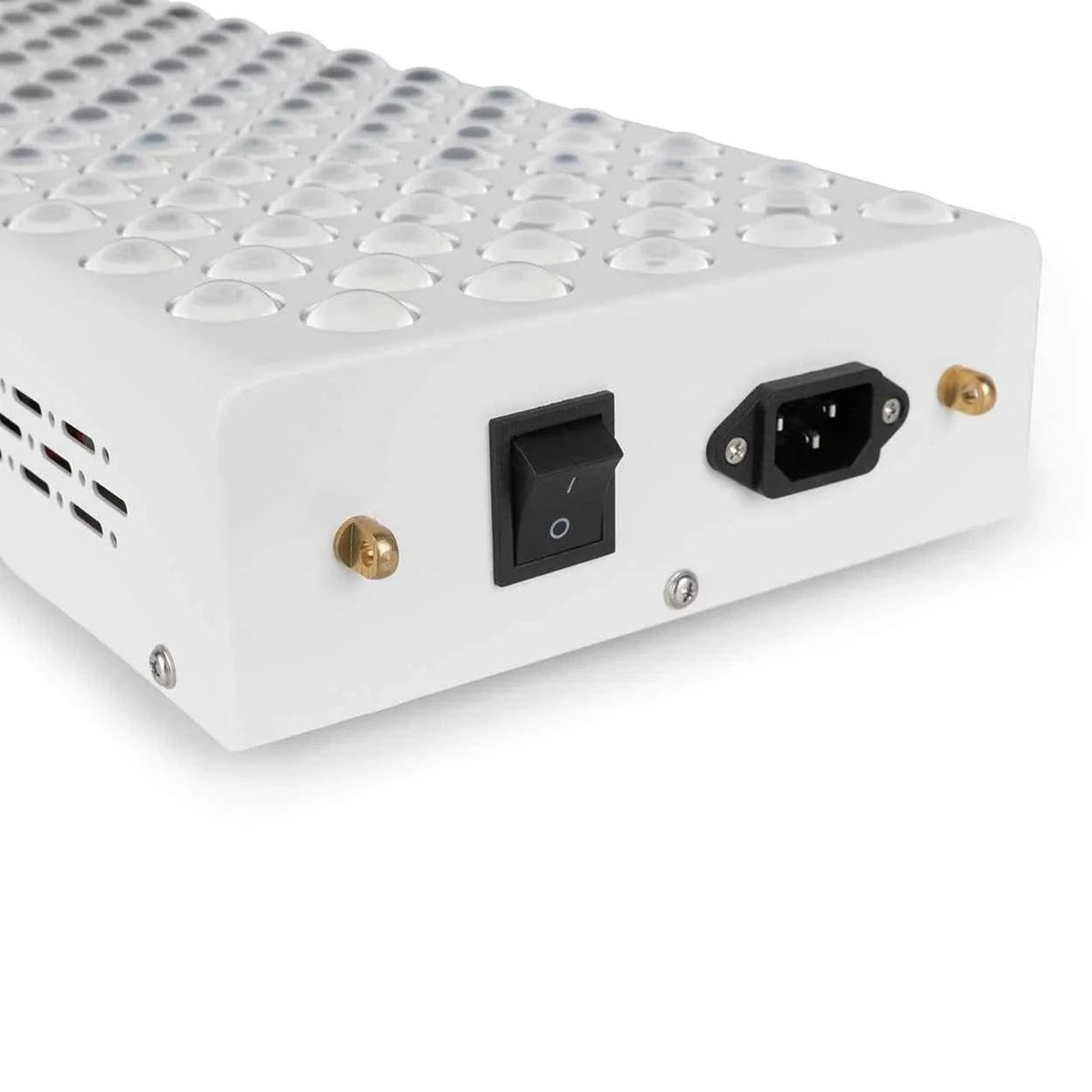 Close-up of Red Light Elite Series 506 power switch and input port. Durable design for reliable red light therapy sessions at home.