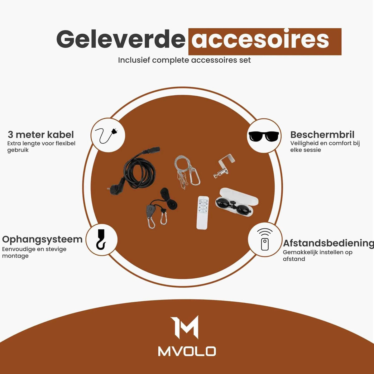 Accessories set for Red Light Elite Series 506 including cable, goggles, remote, and mounting tools. Complete kit for safe and easy use.