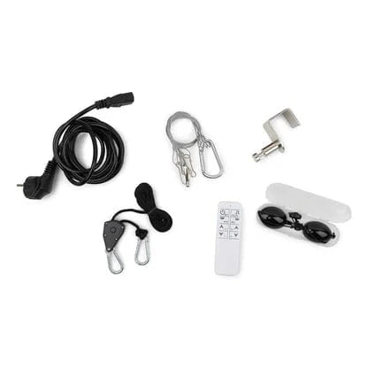 Complete accessories for Red Light Elite Series 506 including power cable, remote, goggles, and mounting hardware for convenient setup.