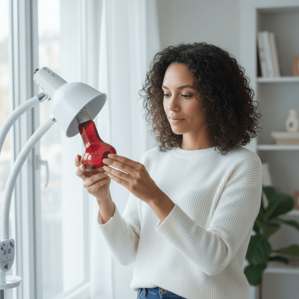 Woman preparing 300W Infrared Bulb in adjustable red light therapy lamp for skin health and muscle relaxation benefits.