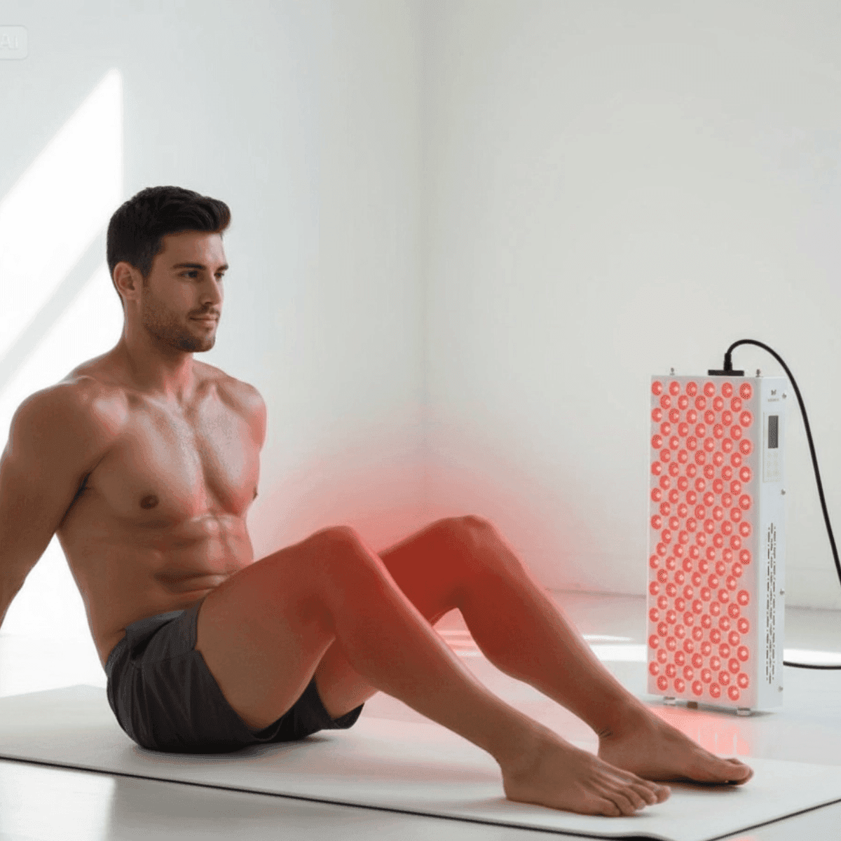 Man using Elite 506 Lamp - Red Light Therapy during workout recovery, targeting muscle pain and boosting energy with optimized LED lighting.