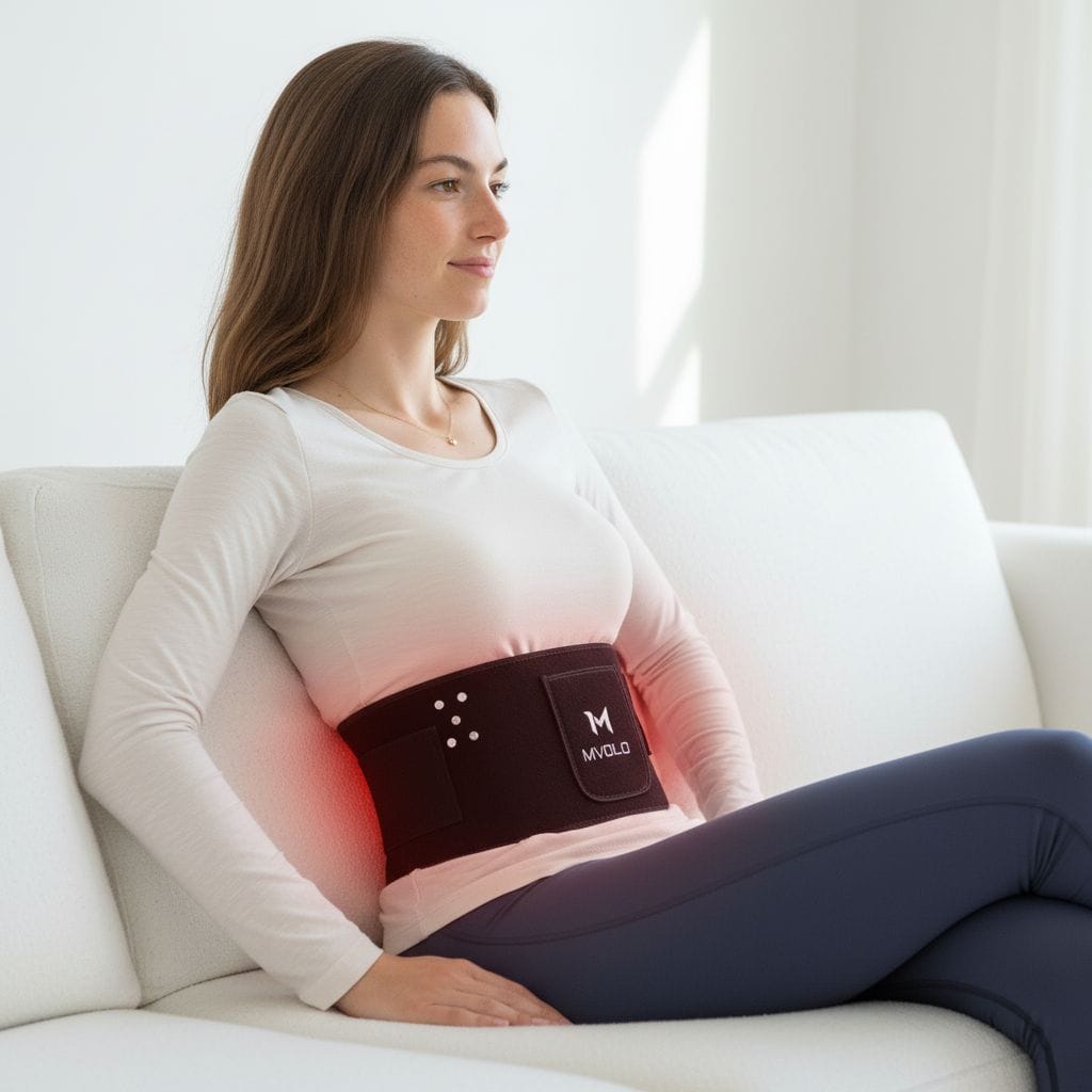 Woman using Red Light Therapy Band while seated on couch; effective for back pain relief and muscle recovery in daily routines.