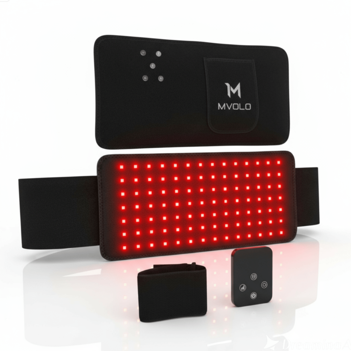 Red Light Therapy Band with LED panel and control unit; advanced design for targeted back pain relief and deep tissue therapy.