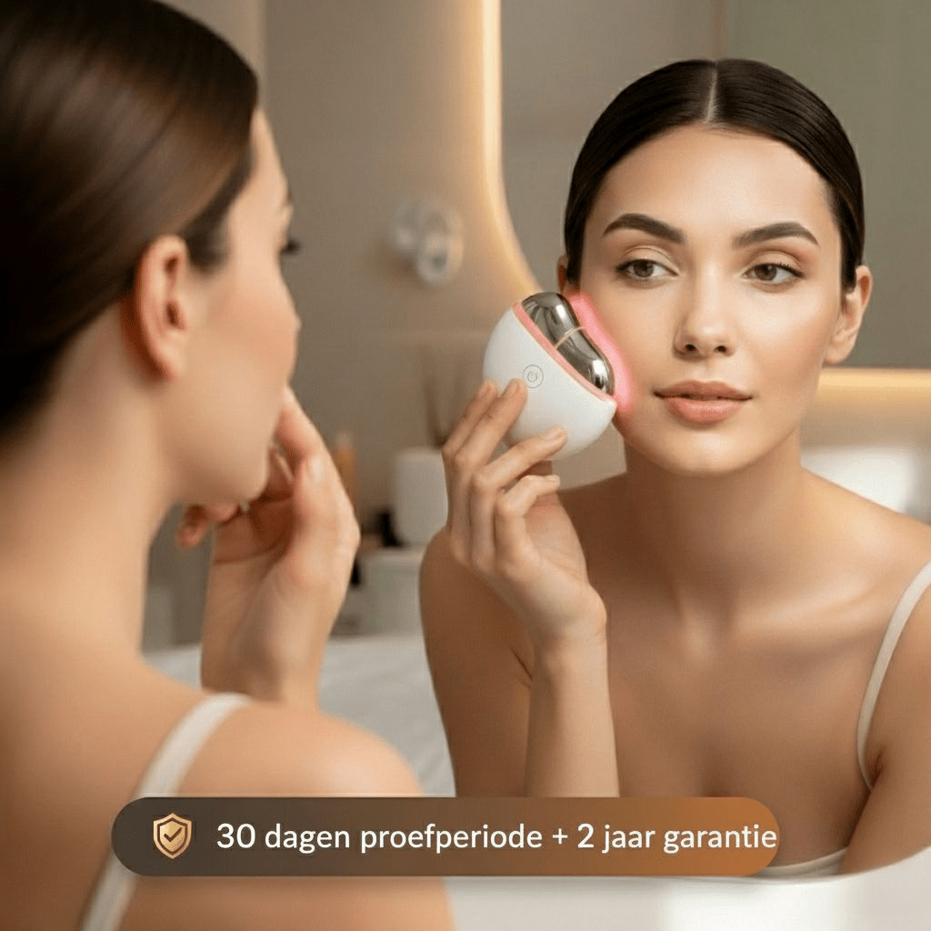 Woman applying EMS Gua Sha LED facial tool in front of mirror, highlighting 30-day trial and 2-year warranty offer.