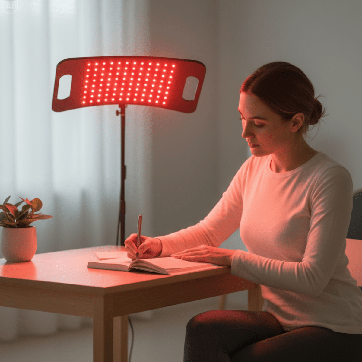 Stellar Beam Red Light Device - Therapy Pain Relief in use while journaling, ideal for focused light therapy and relaxation.