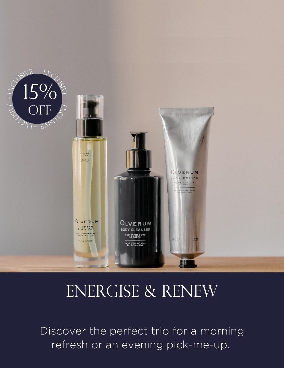 Revitalize with the Energise & Renew Set, an energising body care set featuring a Body Polish, Cleanser, and Firming Oil for rejuvenated skin.