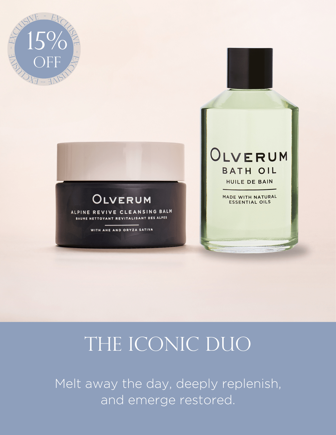 Experience the rejuvenating Iconic Duo with Alpine Revive Cleansing Balm and bath oil. Cleanse and unwind in calming aroma. Shop the wellness set.