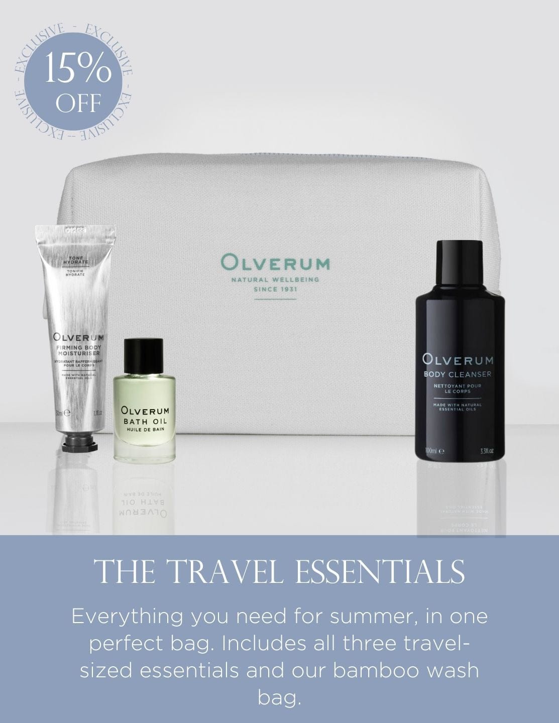 Travel Essentials - Bath Set featuring Olverum bath oil, body cleanser, moisturizer, and a white bamboo wash bag. Ideal for luxury skincare on the go.