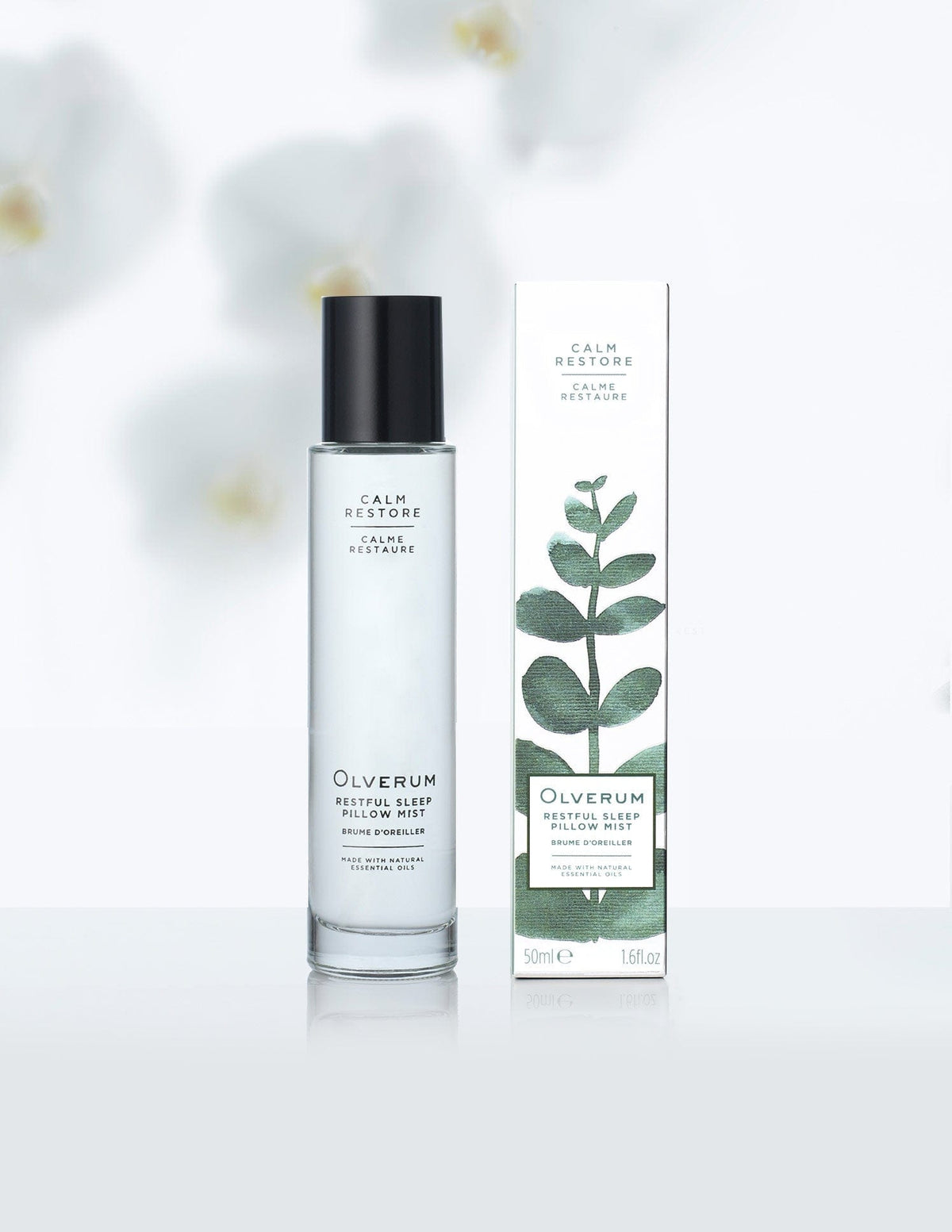 Olverum Restful Sleep Pillow Mist 50ml with box, featuring calming botanical design for bedtime aromatherapy and relaxation.