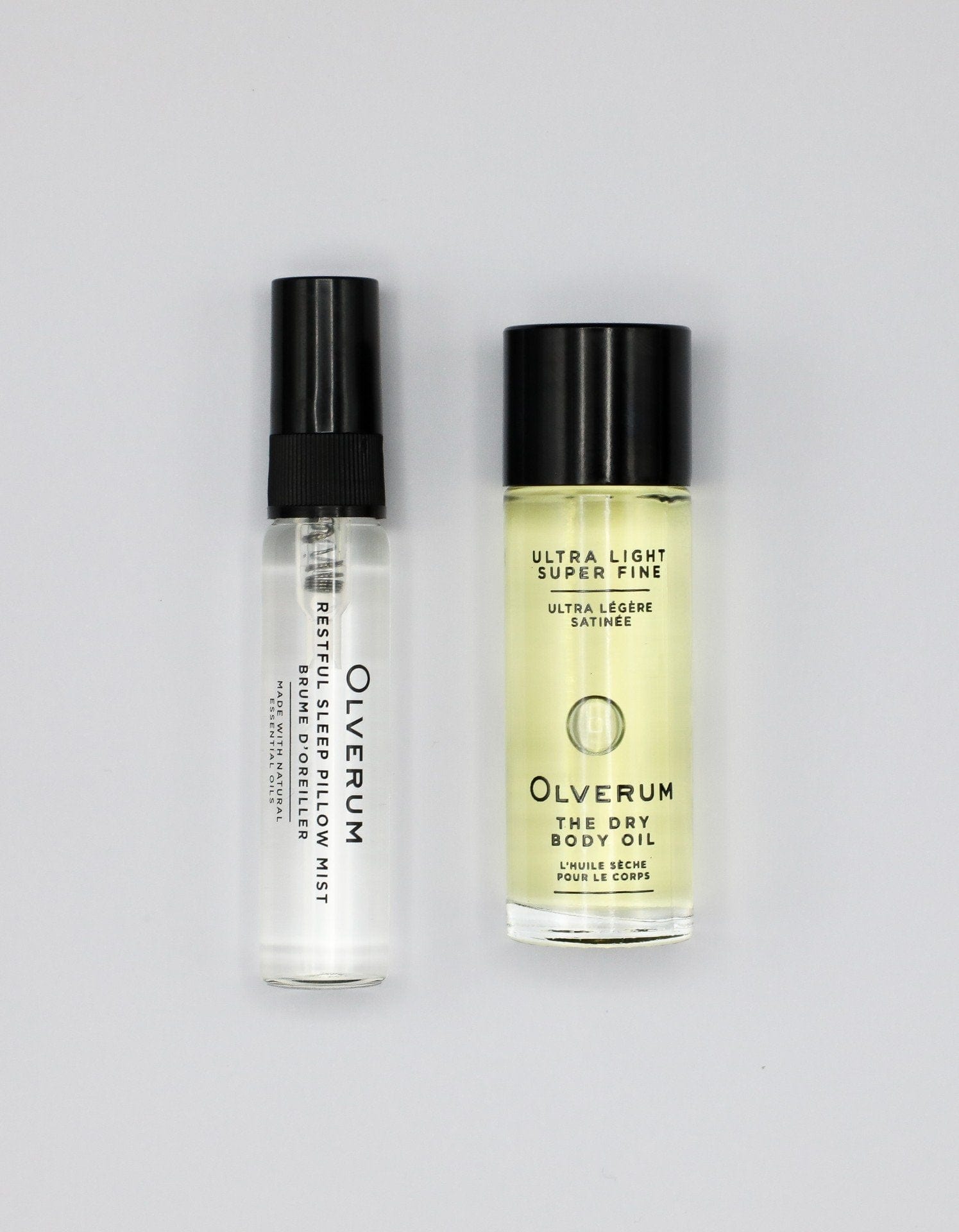 Restful Sleep Pillow Mist and Dry Body Oil Minis by Olverum, a calming aromatherapy gift set with lavender and chamomile for deep sleep rituals.