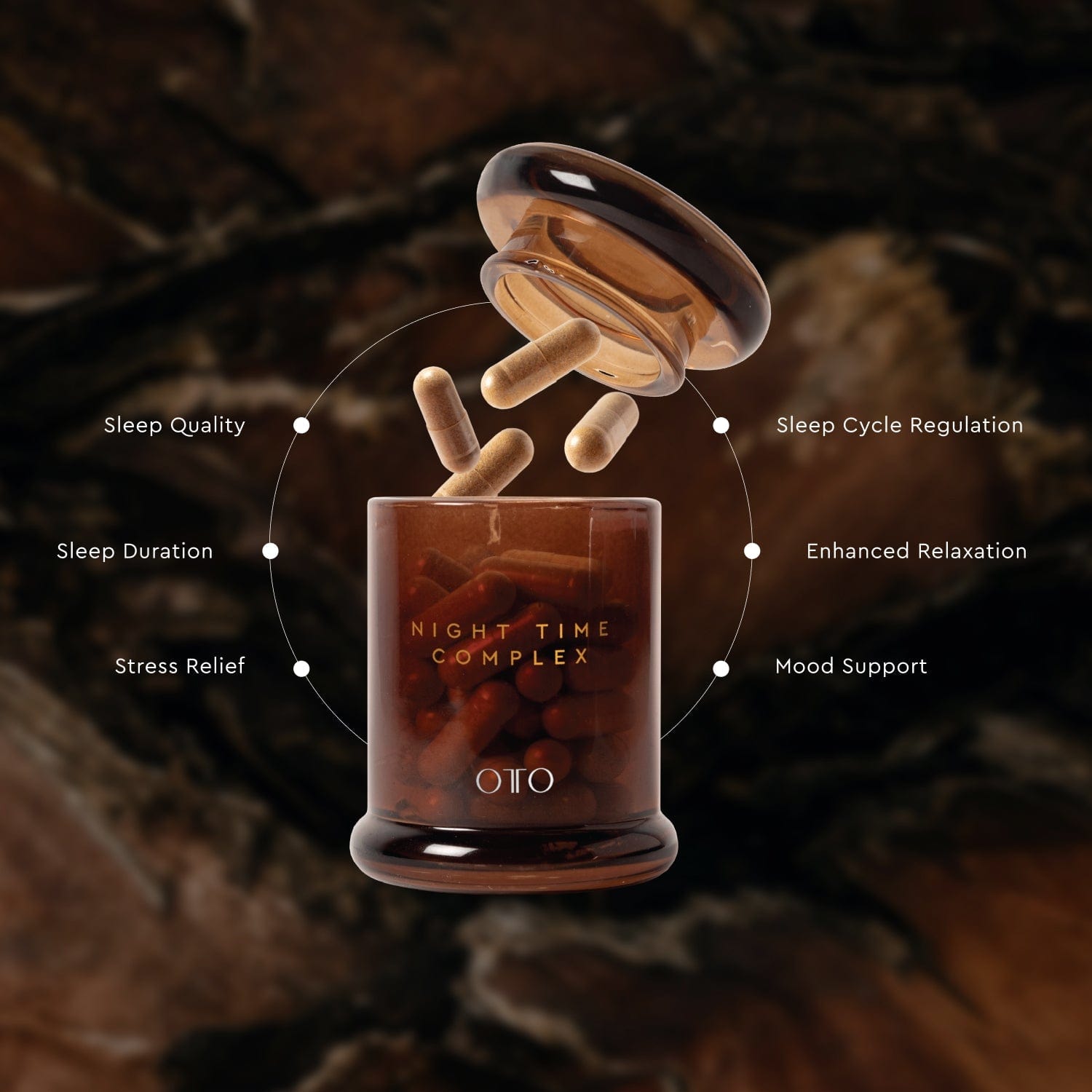 Discover the Night Time Complex, a natural sleep supplement with 9 nootropics and adaptogens for deeper rest. Take one capsule 90 mins before bed.