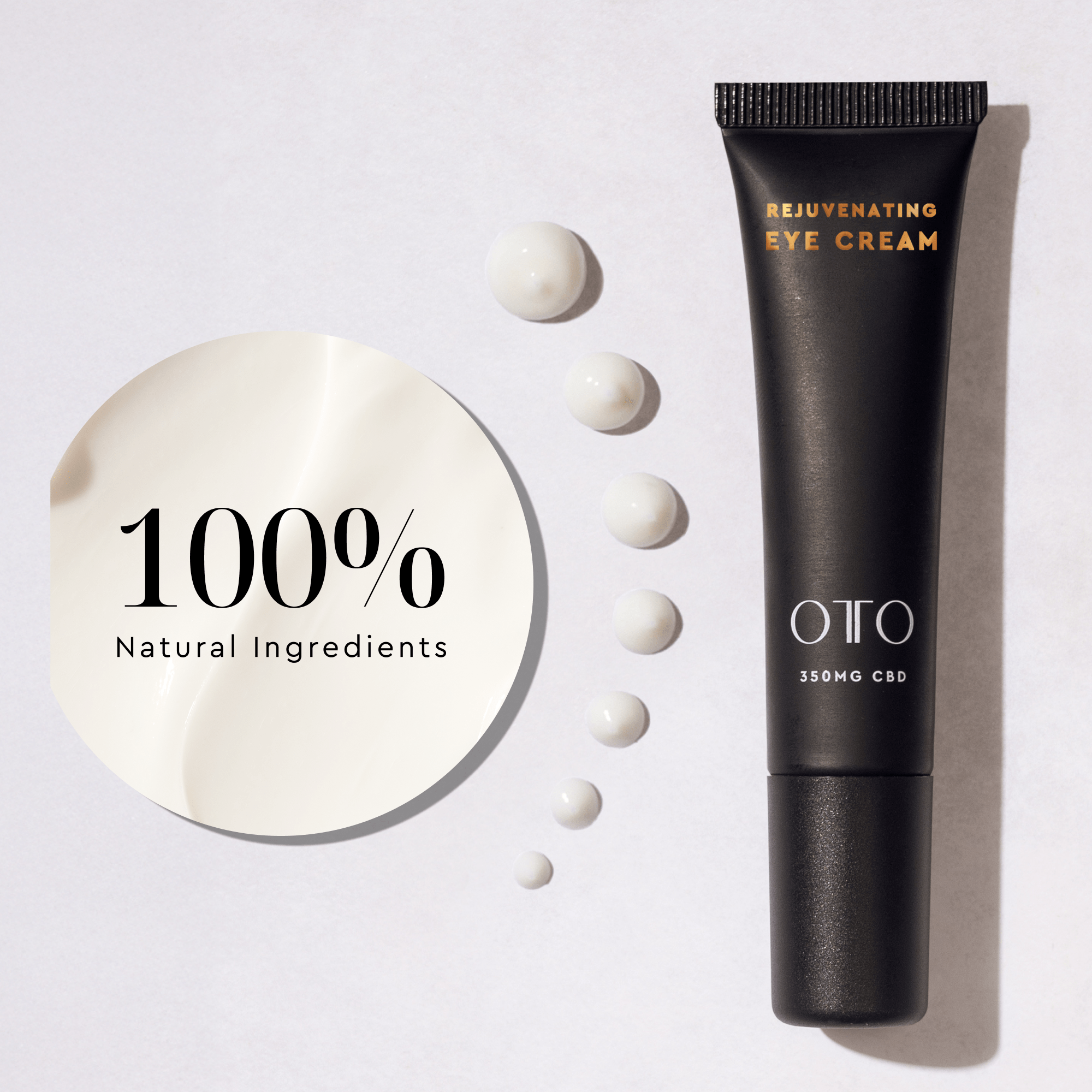 Rejuvenating Eye Cream - CBD Eye Cream for Dark Circles in sleek black tube with gold and white text, 350mg CBD by OTO for anti-aging skincare.