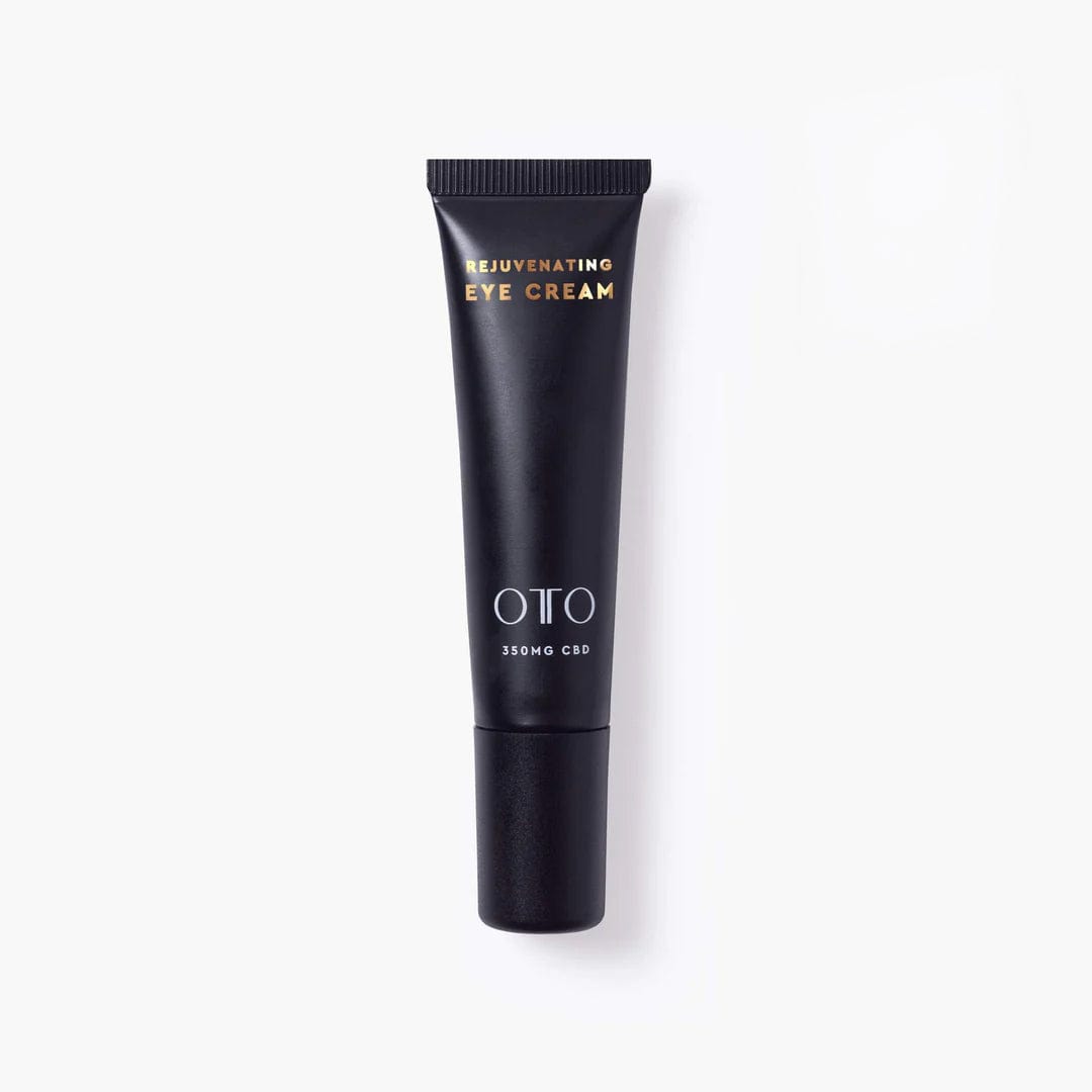 Rejuvenating Eye Cream - CBD Eye Cream for Dark Circles in sleek black tube with gold and white text, 350mg CBD by OTO for anti-aging skincare.