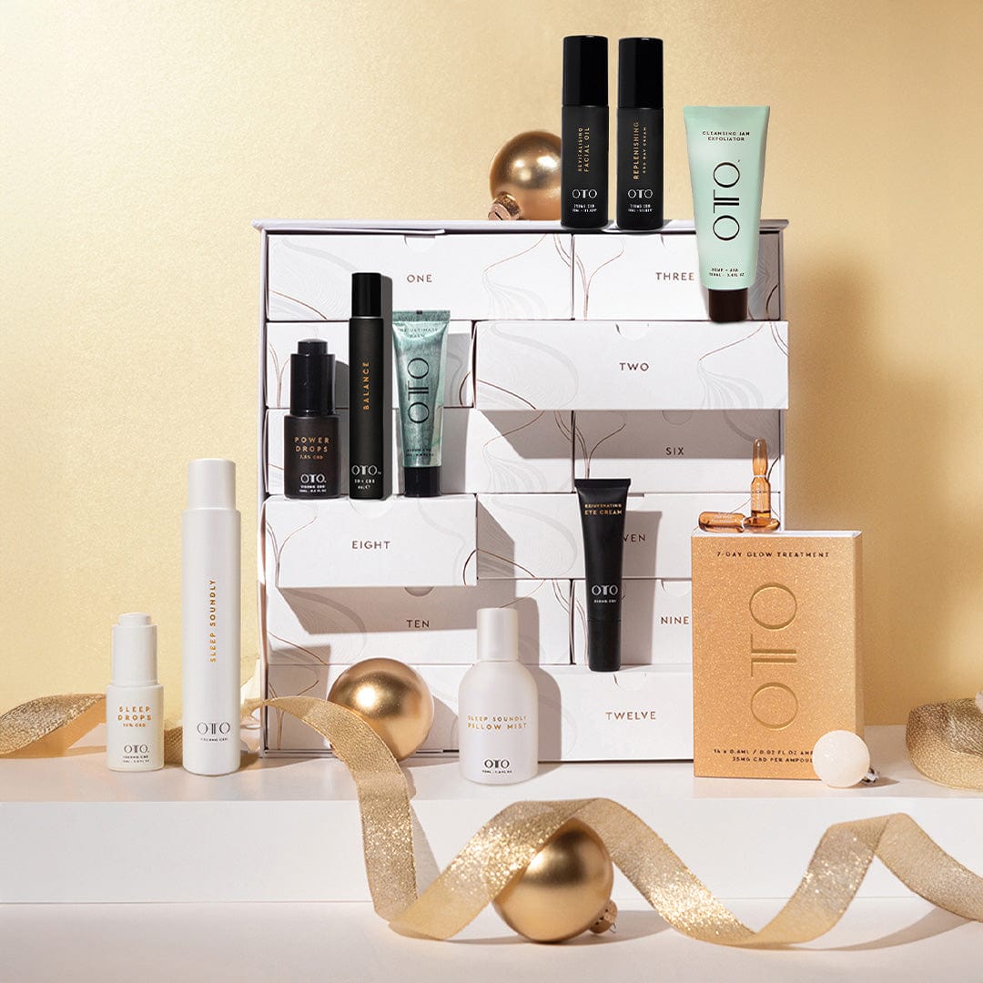 Wellness Advent Calendar CBD by OTO featuring 12 luxury skincare and CBD products in a festive self-care gift set. Ideal for holiday pampering and relaxation.