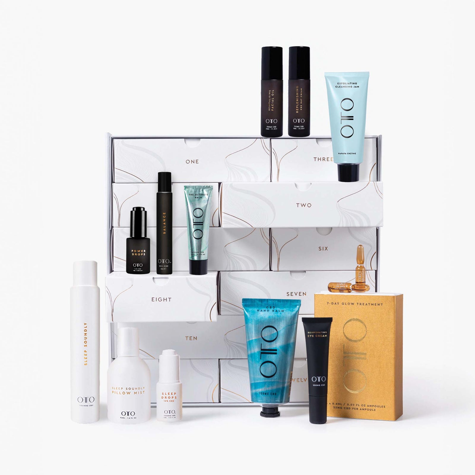 Wellness Advent Calendar CBD by OTO featuring 12 luxury skincare and CBD products in a festive self-care gift set. Ideal for holiday pampering and relaxation.