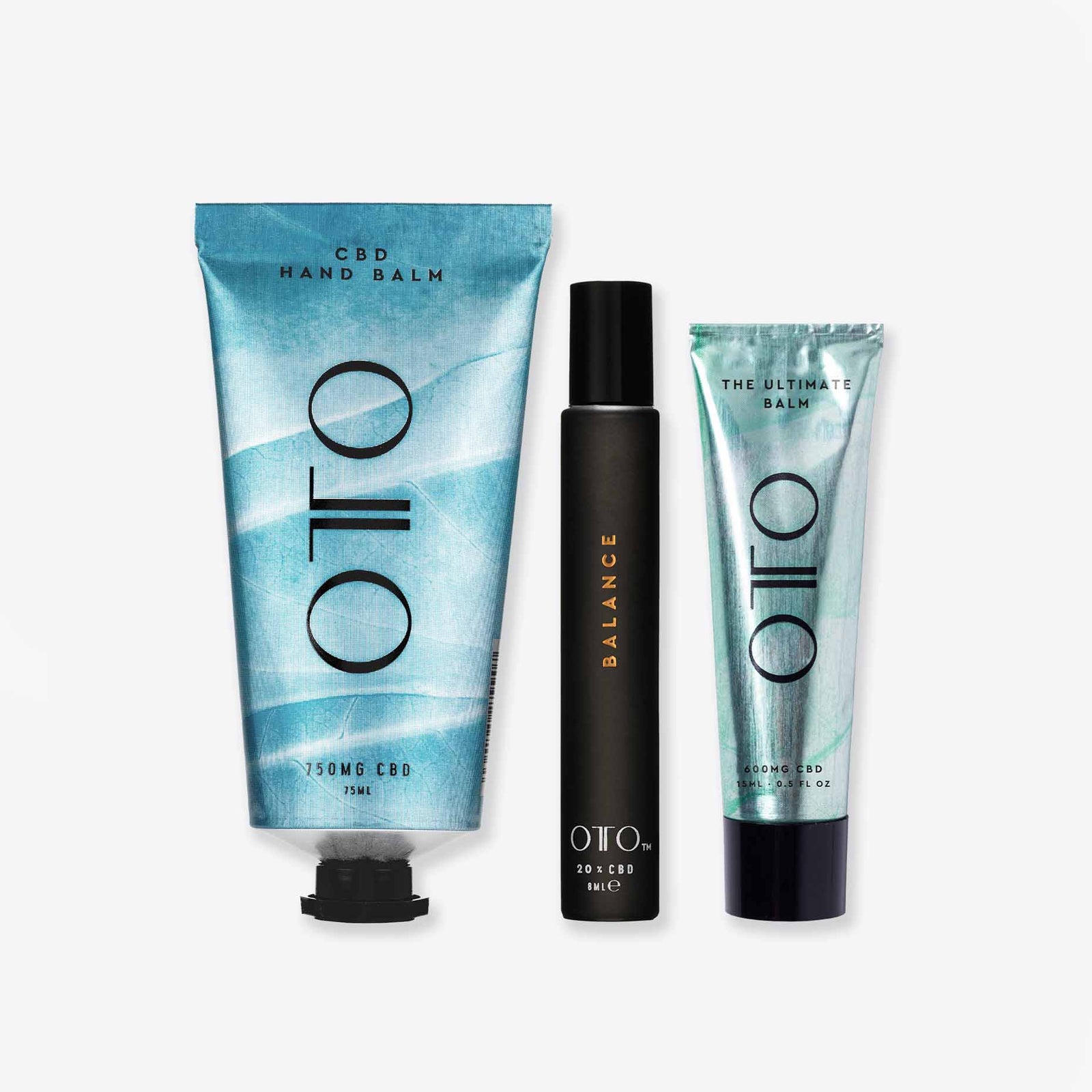 Travel Collection - CBD Travel Essentials set featuring OTO CBD hand balm, roll-on oil, and ultimate balm for on-the-go skincare and wellness support.