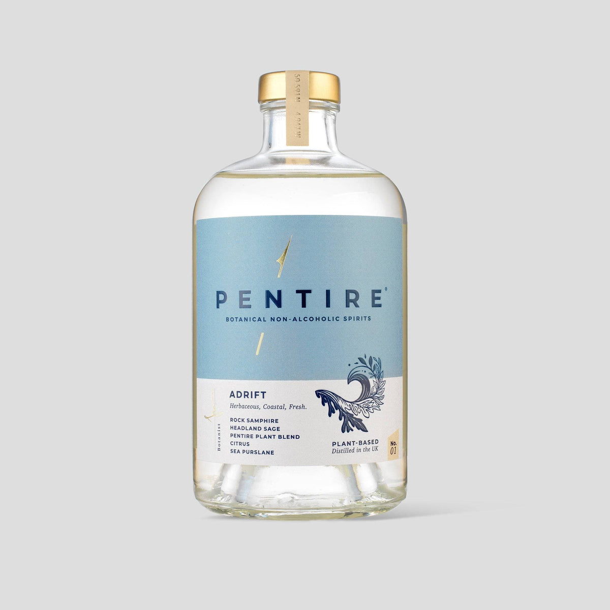 Pentire Adrift is a botanical non-alcoholic spirit distilled with rock samphire and citrus, capturing Cornwall&#39;s coastal essence for vibrant mocktails.

