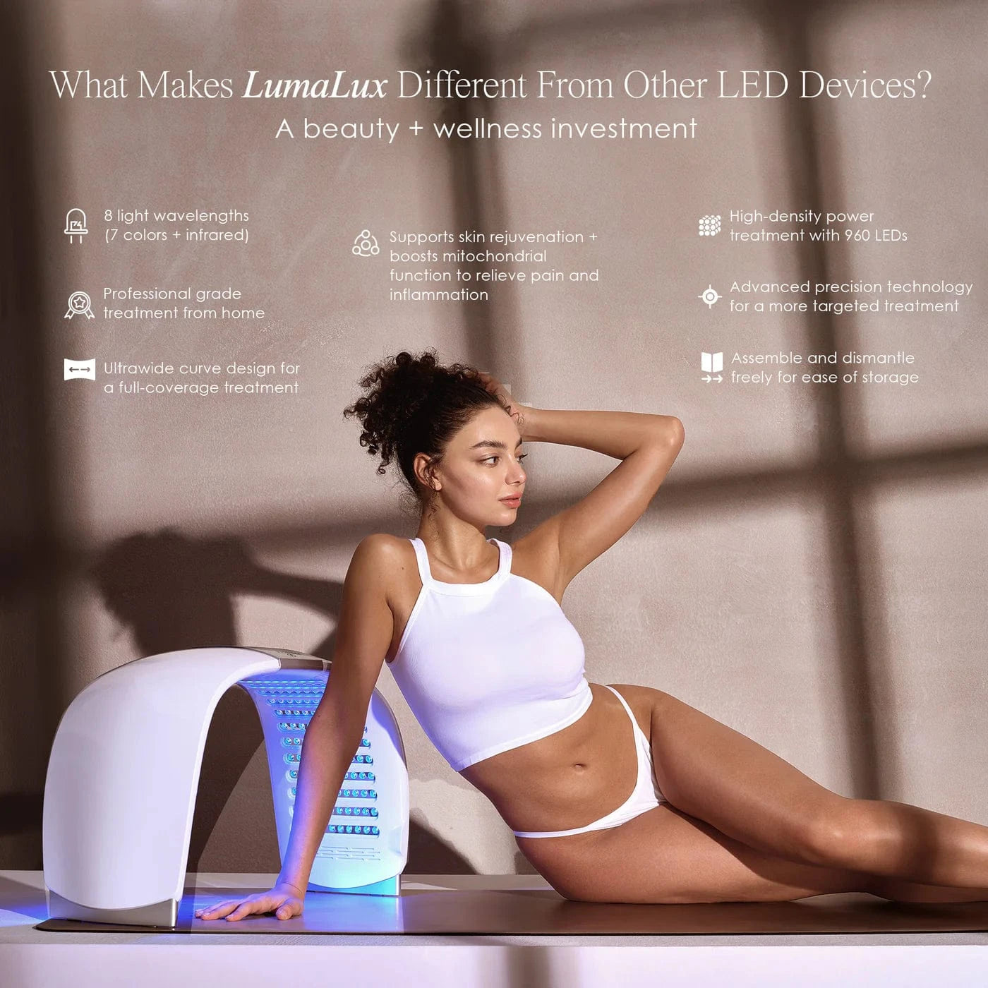 Shop LumaLux Dome LED Light Therapy Device at Reverie Luxe. Red & blue light for skin rejuvenation, acne, anti-aging & body healing. Free UK shipping.