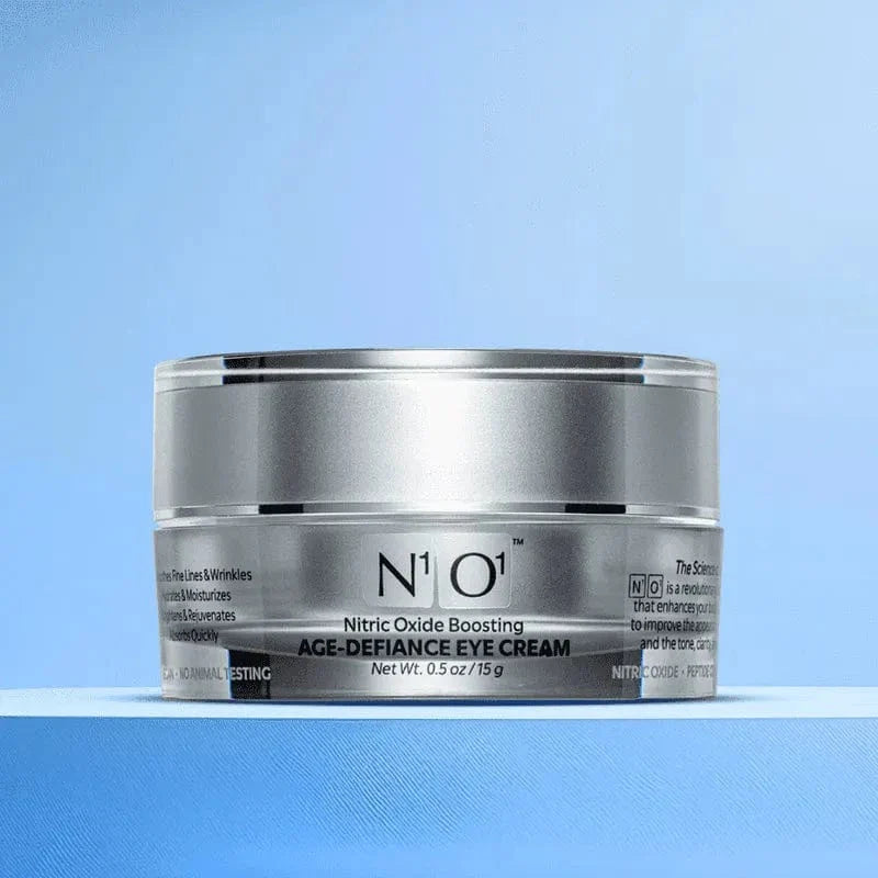 N¹O¹ Age-Defiance Eye Cream in a 15g silver jar, designed to reduce puffiness, wrinkles, and dark circles with nitric oxide boosting formula.