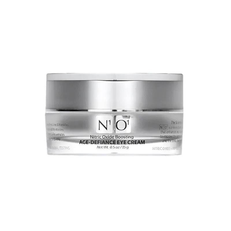 N¹O¹ Age-Defiance Eye Cream in a 15g silver jar, designed to reduce puffiness, wrinkles, and dark circles with nitric oxide boosting formula.