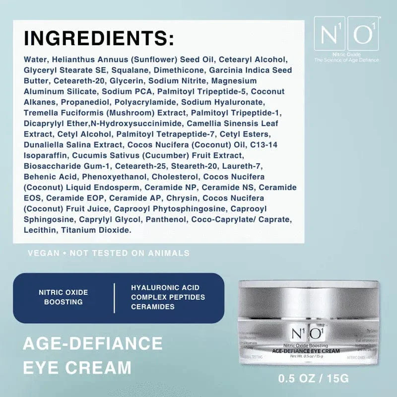 N¹O¹ Age-Defiance Eye Cream in a 15g silver jar, designed to reduce puffiness, wrinkles, and dark circles with nitric oxide boosting formula.