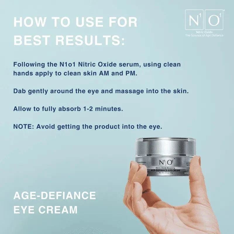 N¹O¹ Age-Defiance Eye Cream in a 15g silver jar, designed to reduce puffiness, wrinkles, and dark circles with nitric oxide boosting formula.