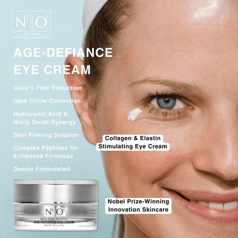 N¹O¹ Age-Defiance Eye Cream in a 15g silver jar, designed to reduce puffiness, wrinkles, and dark circles with nitric oxide boosting formula.