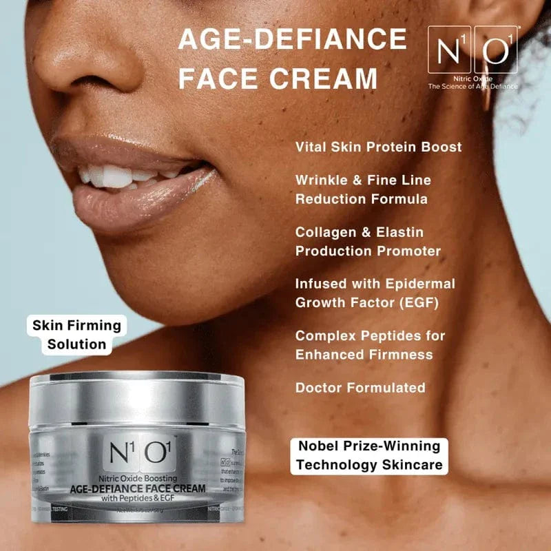 N¹O¹ Age-Defiance Face Cream with peptides and EGF in a silver jar, designed to reduce fine lines and boost skin vitality with nitric oxide.