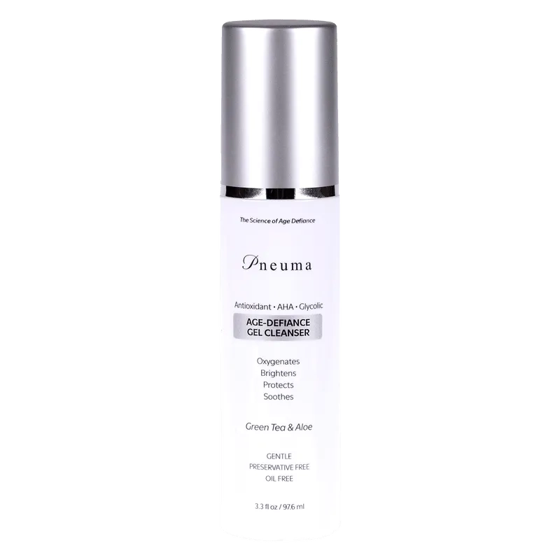 Age-Defiance Gel Cleanser by Pneuma with green tea and aloe in sleek silver pump bottle. Anti-aging botanical formula for gentle daily facial cleansing.