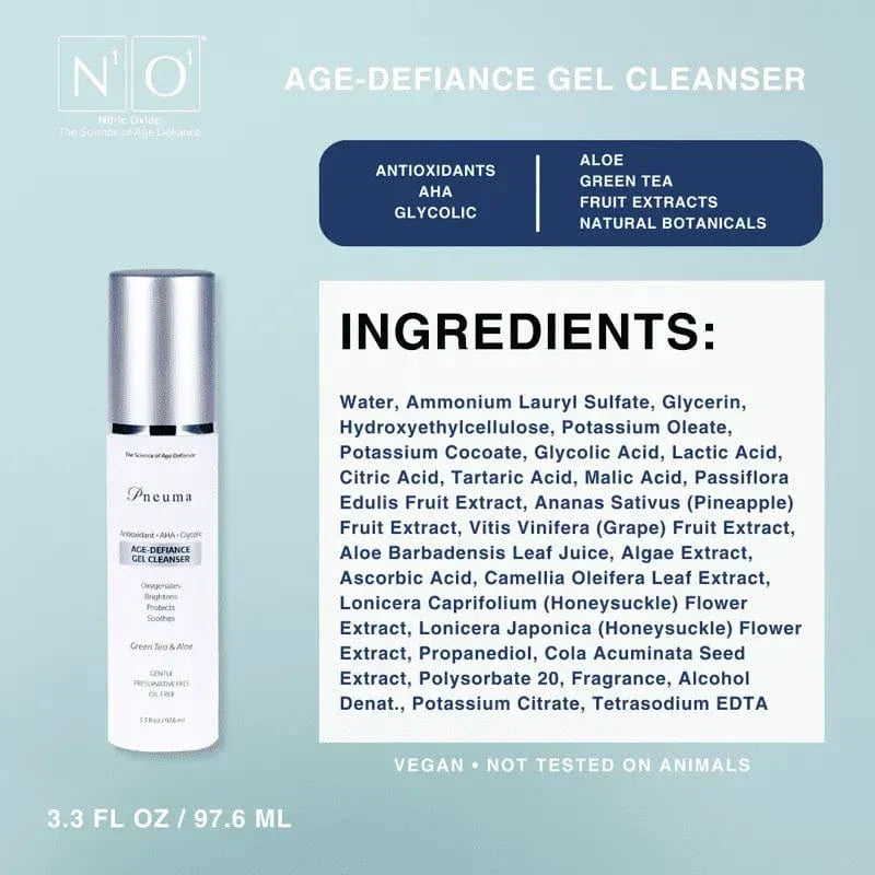 Age-Defiance Gel Cleanser by Pneuma with green tea and aloe in sleek silver pump bottle. Anti-aging botanical formula for gentle daily facial cleansing.