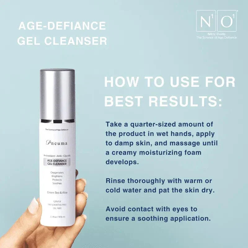 Age-Defiance Gel Cleanser by Pneuma with green tea and aloe in sleek silver pump bottle. Anti-aging botanical formula for gentle daily facial cleansing.