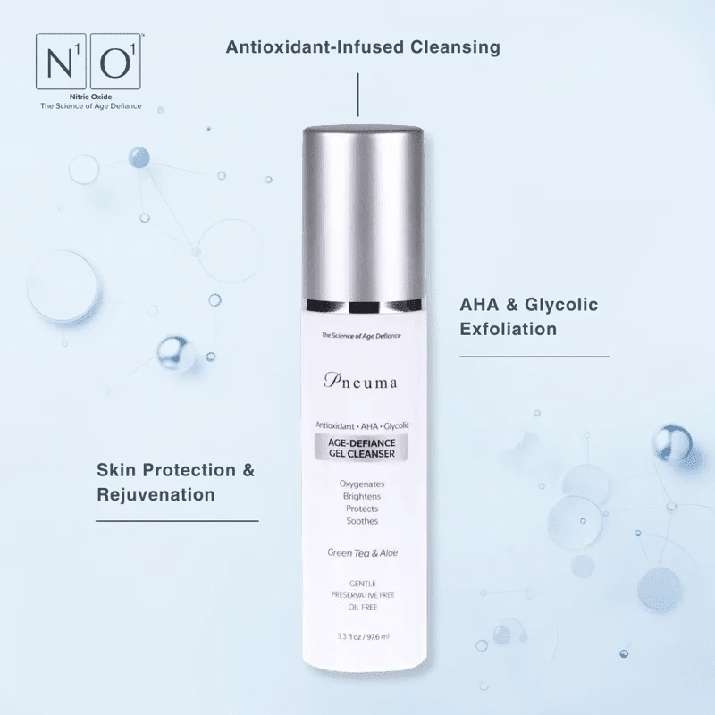 Age-Defiance Gel Cleanser by Pneuma with green tea and aloe in sleek silver pump bottle. Anti-aging botanical formula for gentle daily facial cleansing.