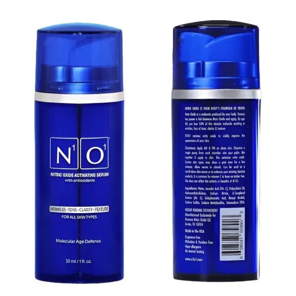 Age-Defiance Serum - Rejuvenate Skin | Reduce Wrinkles with Nitric Oxide and Vitamin C in a 30ml blue bottle for all skin types.