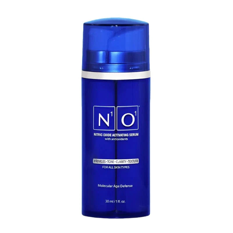 Age-Defiance Serum - Rejuvenate Skin | Reduce Wrinkles with Nitric Oxide and Vitamin C in a 30ml blue bottle for all skin types.