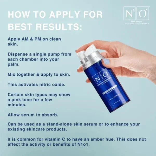 Age-Defiance Serum - Rejuvenate Skin | Reduce Wrinkles with Nitric Oxide and Vitamin C in a 30ml blue bottle for all skin types.