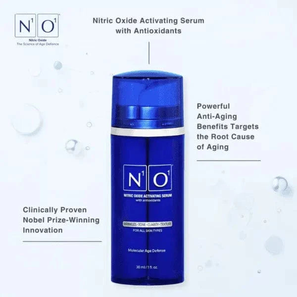 Age-Defiance Serum - Rejuvenate Skin | Reduce Wrinkles with Nitric Oxide and Vitamin C in a 30ml blue bottle for all skin types.