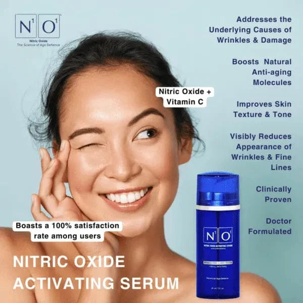 Age-Defiance Serum - Rejuvenate Skin | Reduce Wrinkles with Nitric Oxide and Vitamin C in a 30ml blue bottle for all skin types.