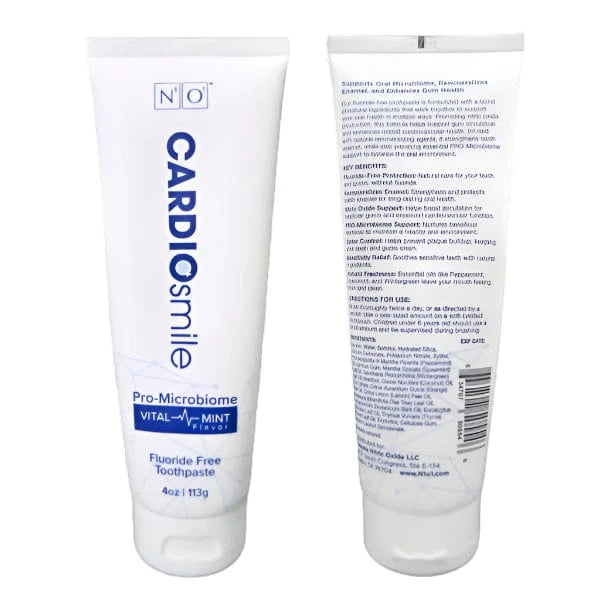 CardioSmile Nitric Oxide Toothpaste in 4oz tube with Pro-Microbiome formula, fluoride-free and designed for gum and heart health support.