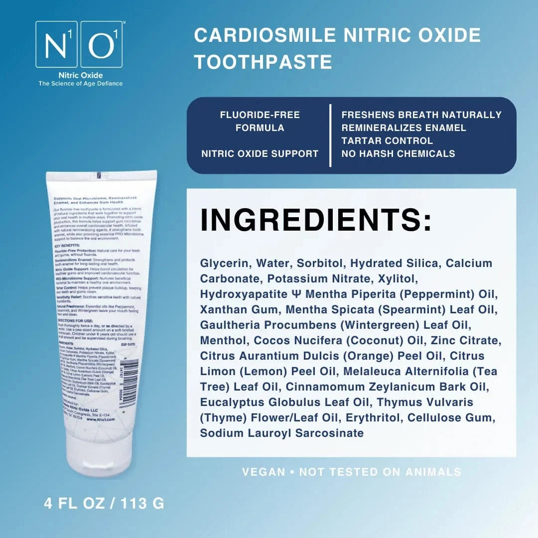 CardioSmile Nitric Oxide Toothpaste in 4oz tube with Pro-Microbiome formula, fluoride-free and designed for gum and heart health support.