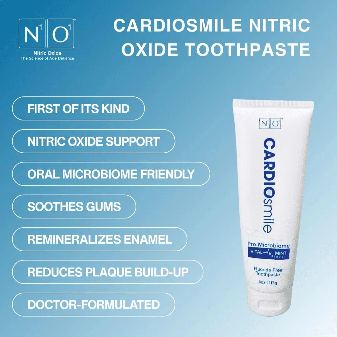 CardioSmile Nitric Oxide Toothpaste in 4oz tube with Pro-Microbiome formula, fluoride-free and designed for gum and heart health support.