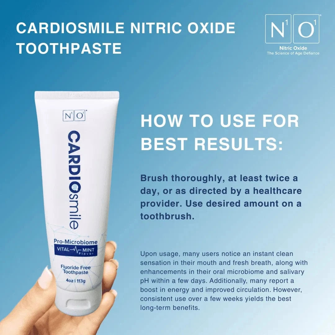 CardioSmile Nitric Oxide Toothpaste in 4oz tube with Pro-Microbiome formula, fluoride-free and designed for gum and heart health support.