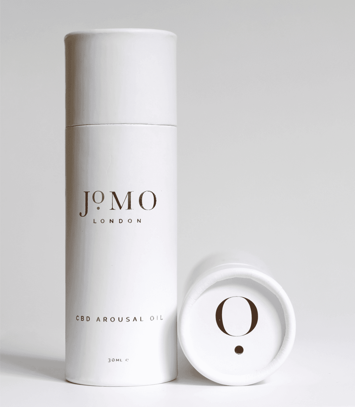 CBD Arousal Oil for Enhanced Intimacy and Sensual Massage by JOMO London in a clear pump bottle with gold accents, ideal for erotic wellness.