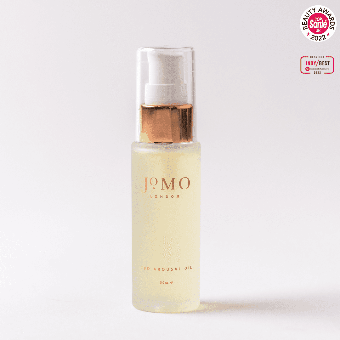 CBD Arousal Oil for Enhanced Intimacy and Sensual Massage by JOMO London in a clear pump bottle with gold accents, ideal for erotic wellness.