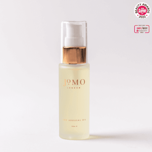 CBD Intimate Bundle - Oil and Serum by Jomo London featuring minimalist line art of kissing faces on white packaging. Enhances pleasure and wellness.