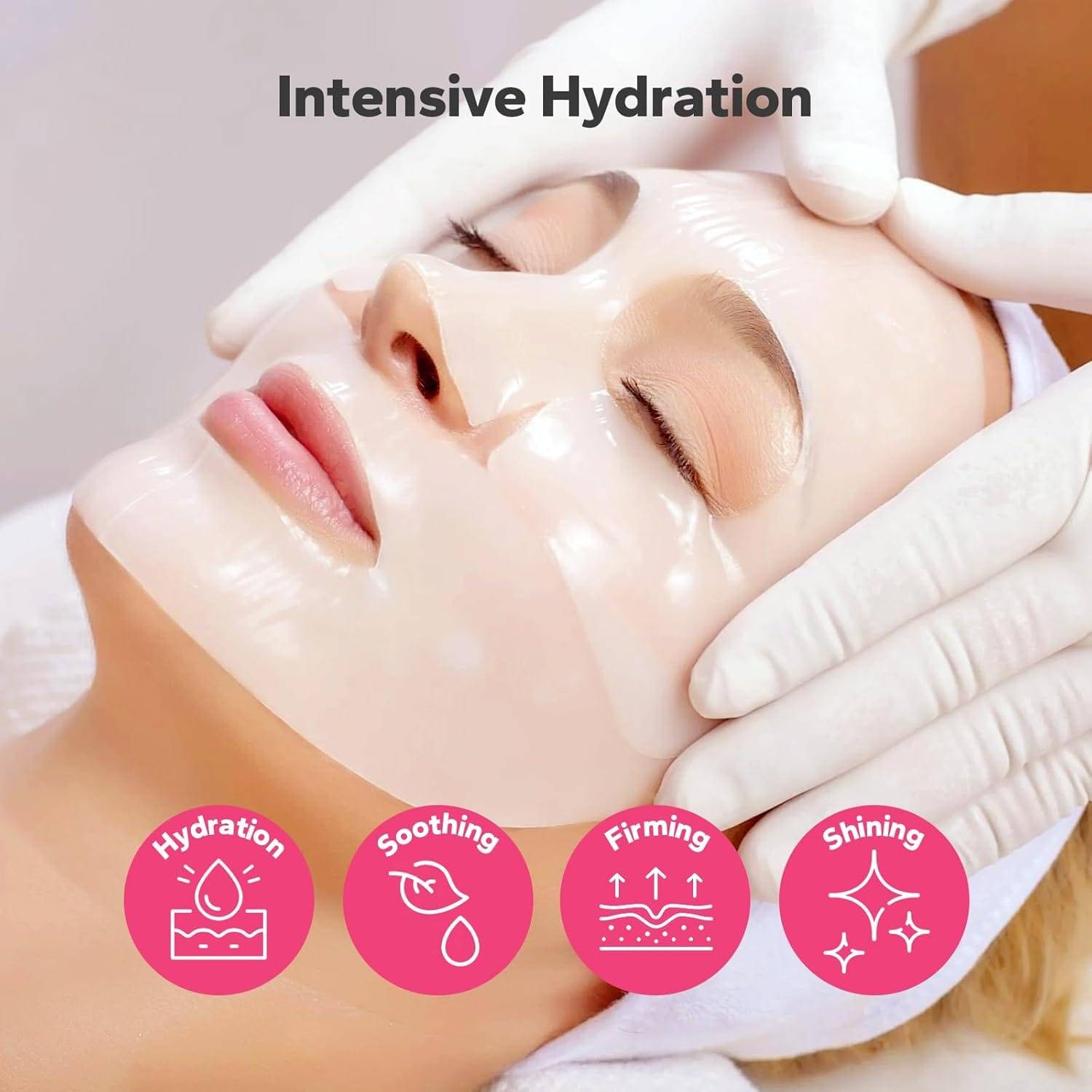 Woman applying Bio Collagen Face Mask for overnight hydration and rejuvenation. Promotes glowing skin with deep moisture and brightening effects.